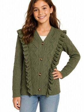 ARSHINER Girls Olive Green Cable Knit Ruffle Button Cardigan Sweater Size 160